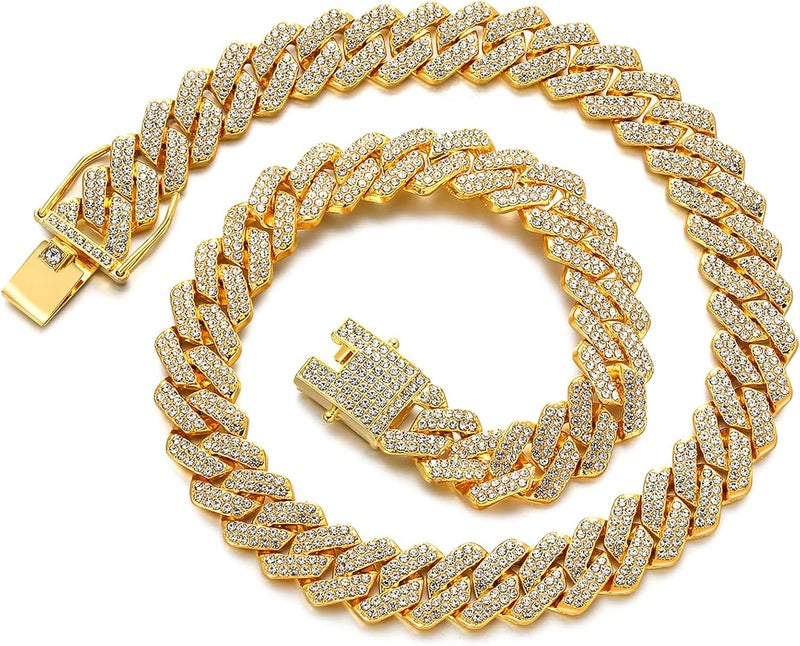 JUNVirtuous Cuban Link Chain Mens Iced Out Miami Cuban Necklace Silver/Gold Bling Diamond Hip Hop Jewelry for Women - Image 1